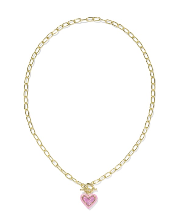 Ari Heart Gold Enamel Frame Link and Chain Necklace in Pink Iridescent Glitter Glass