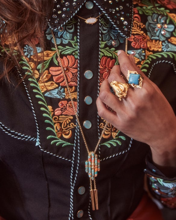 Ember Gold Bolo Necklace in Bronze Veined Turquoise Magnesite Red Oyster